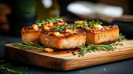 This tantalizing pork dish is beautifully arranged on a wooden board, adorned with fresh herbs, presenting a feast for both the eyes and palate for any dining occasion.