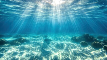 Dreamy underwater scene with rays of sunlight penetrating clear blue water, tranquil and mysterious  