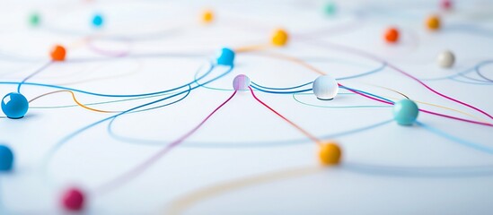 Naklejka premium Colorful pins connected by strings forming a complex network on white surface.