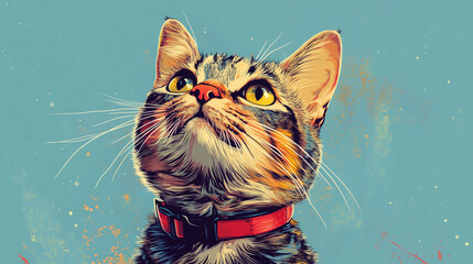 Adorable Closeup of a Tabby Cat Wearing a Red Collar with a Playful Abstract Background, Perfect for Pet Accessories, Branding, or Online Advertising


