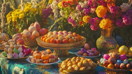 Greeting card for Novruz Bayram with flowers, eggs and sweets 