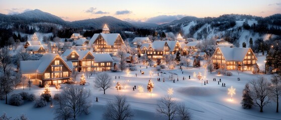 Obraz premium Magical Winter Village Scene Snow Covered Houses Christmas Lights and Snowy Mountains