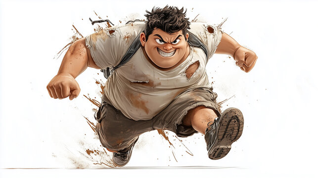 Comic style slacker wears old uniform and shoes on white background. He is wearing a torn t-shirt, has dark hair and fat appearance, he is posing in a dynamic pose during the game. The resolution of t