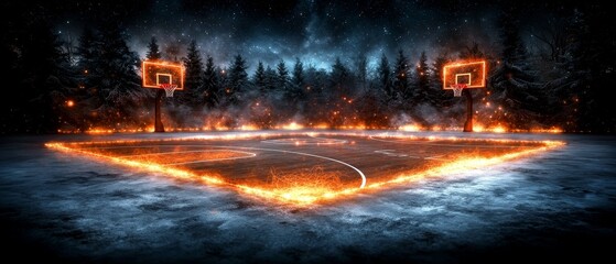 Fiery Basketball Court at Night Winter Forest Backdrop Burning Lines Dramatic Scene