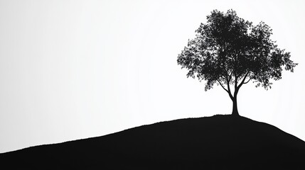 Solitary tree silhouette on a hill against a white background.