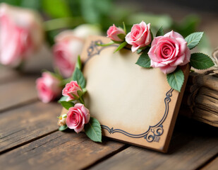 Obraz premium A Rustic Romance: Pink Roses and a Vintage Card on a Wooden Table, Evoking Feelings of Love, Nostalgia, and Timeless Beauty.