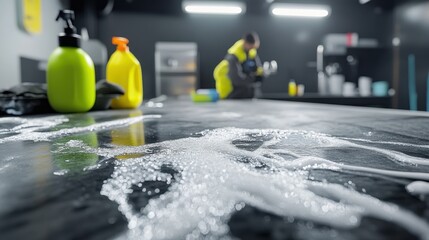 Cleaning an Industrial Kitchen Counter with Foam Products