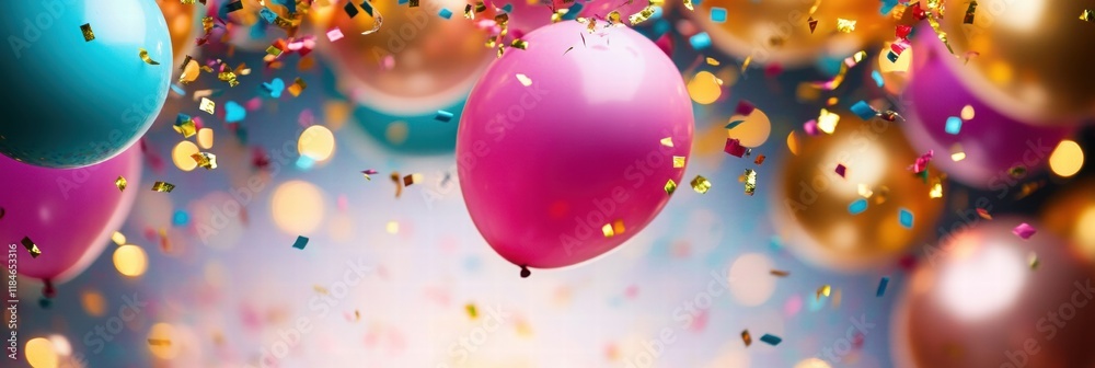 Poster colorful balloons and confetti create a festive atmosphere for joyful celebrations and gatherings in