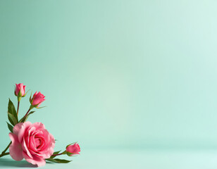 Fototapeta premium Blooming Elegance: A Single Pink Rose and Buds on a Serene Aqua Backdrop - Perfect for Invitations, Cards, and Springtime Designs