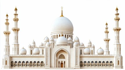 Obraz premium Majestic white mosque with multiple domes and minarets, isolated on white background.