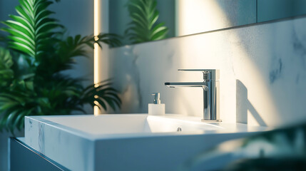 Fototapeta premium Modern touch less faucet with built-in sensor and sleek design, Mounted on a clean white sink basin in a contemporary bathroom 