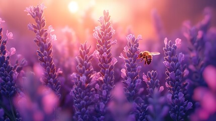 Naklejka premium Close-up of lavender with honeybee, detailed and natural beauty 