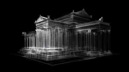 Wireframe model of an ancient Greek temple, isolated on black background.