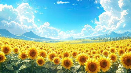 Obraz premium Close-up of a sunflower field with a bright blue sky, cheerful and summery 