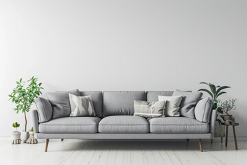 Fototapeta premium Modern Living Room Interior with Gray Fabric Sofa and Cushions on White Background - 3D Rendering