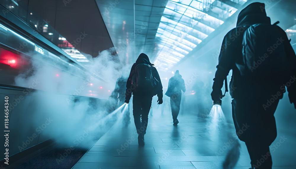 Poster mysterious figures walking through foggy urban environment with neon lights and modern architecture 