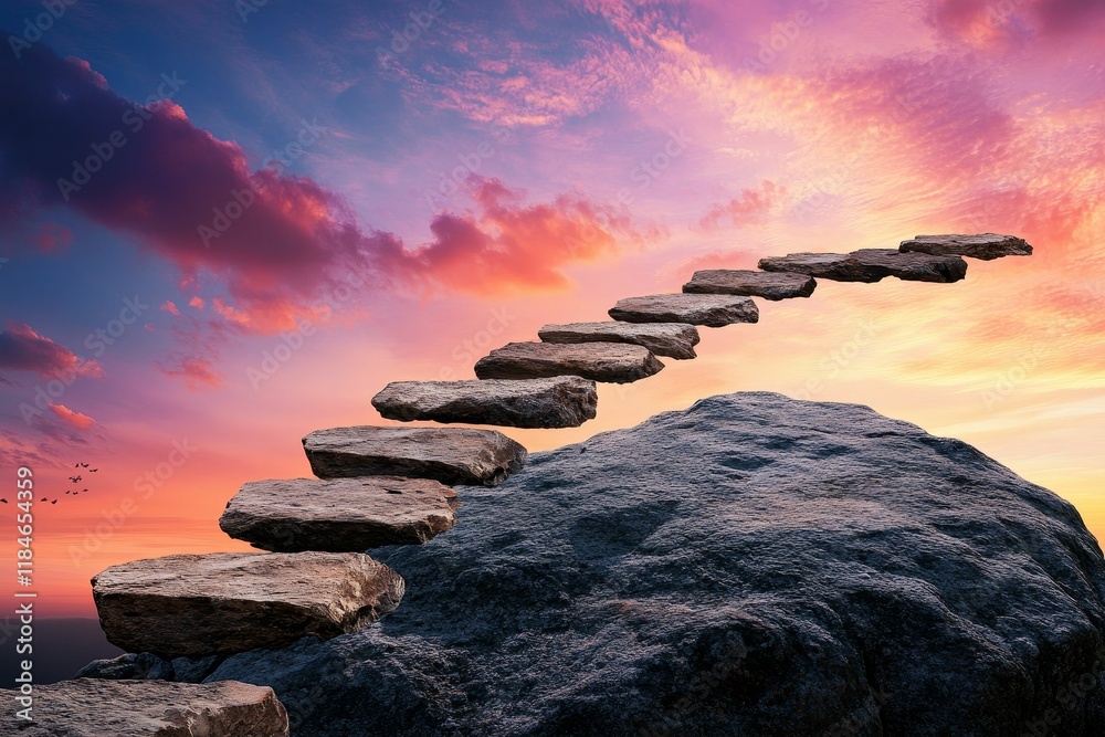 Poster Stone steps ascend to a sunset sky.