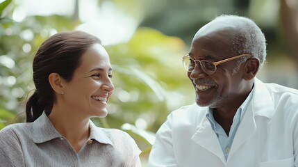 Fototapeta premium Smiling Doctor and Patient Sharing a Joyful Moment Outdoors, Capturing a Positive Interaction and Connection in a Natural Setting with Greenery in the Background