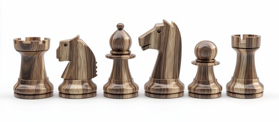 Wooden chess pieces rook, knight, bishop, pawn, arranged in a row on white background.