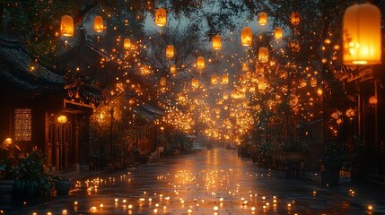 Enchanted Evening Street with Glowing Lanterns and Soft Light