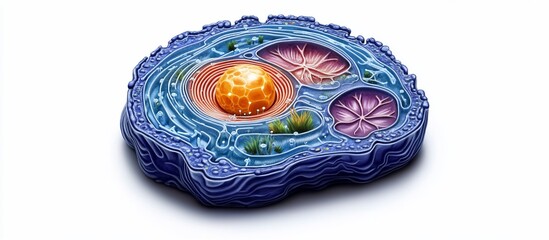 3D model of a eukaryotic cell, showing nucleus, mitochondria, and other organelles.