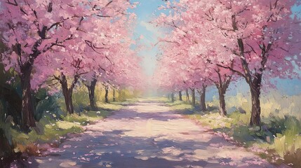 Naklejka premium Cherry blossom trees in full bloom lining a tranquil path, soft pastel colors 