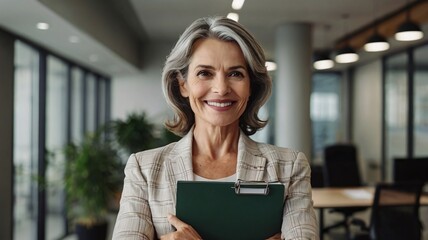 Fototapeta premium Smiling mature professional business woman manager, older happy female executive or lady entrepreneur holding file folder standing in office at work, looking at camera.