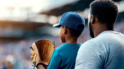 A father and son enjoy a baseball game together, capturing a moment of bonding and excitement in a lively stadium atmosphere.