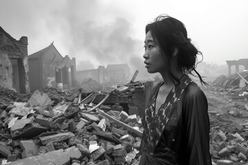 Generative AI illustration of miserable people in damaged city house ruins suffering from loneliness war