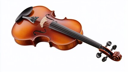 Obraz premium A polished violin with a rich, amber-brown finish, viewed from a three-quarter angle against a stark white background.
