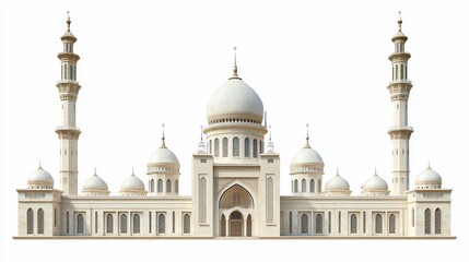 Obraz premium Majestic white mosque with multiple domes and minarets, isolated on white background. (1)