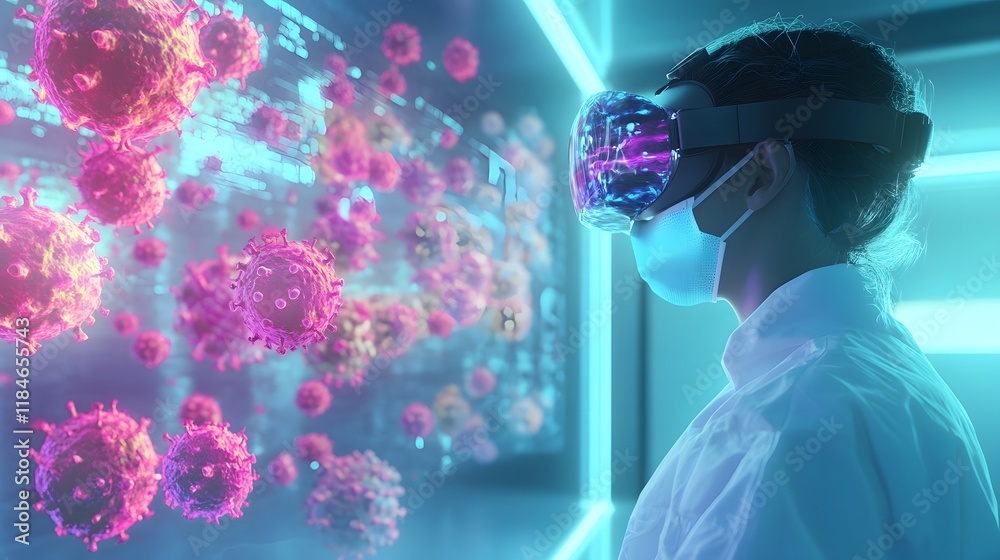 Poster Futuristic Scientist in Virtual Reality Mask Exploring Digital Virus Models in a High-Tech Laboratory Environment with Neon Light Effects