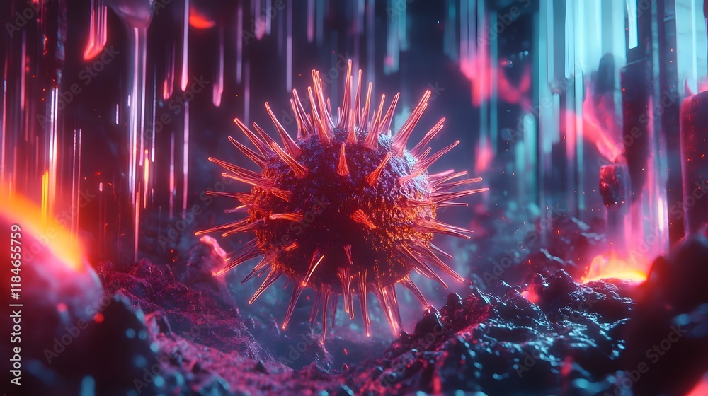Poster abstract representation of a virus in a vibrant, futuristic landscape with glowing effects, showcasi