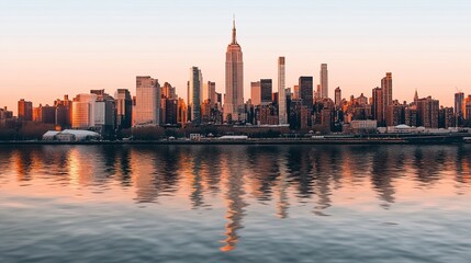 Fototapeta premium A serene sunset view of a city skyline reflected in water, showcasing urban architecture and beauty.