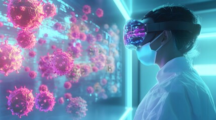 Futuristic Scientist in Virtual Reality Mask Exploring Digital Virus Models in a High-Tech Laboratory Environment with Neon Light Effects