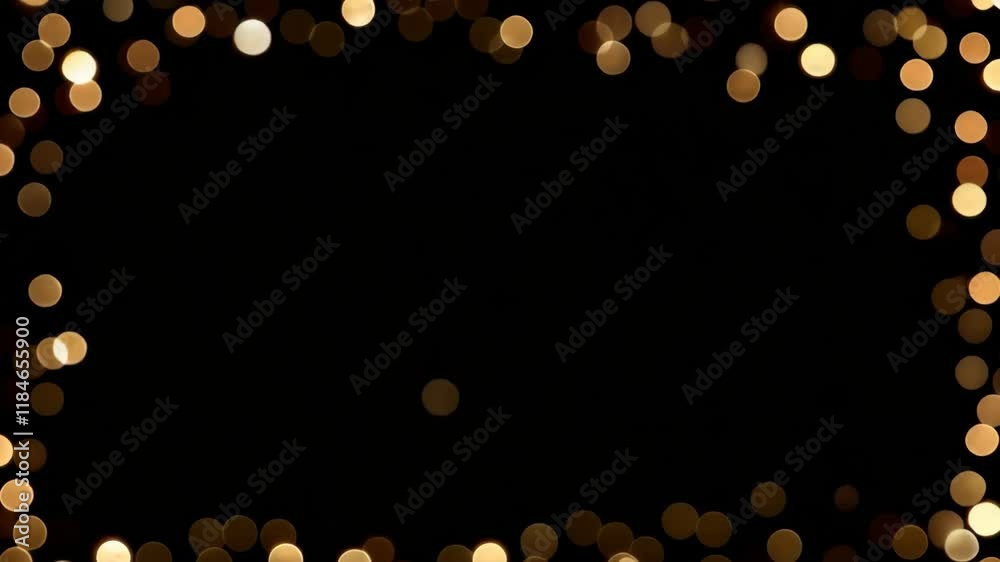 Poster gold bokeh lights frame on black background seamless loop 4k video. festive and elegant animation fo