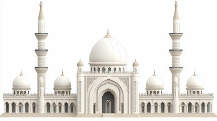 Fototapeta premium Majestic white mosque with multiple domes and minarets against a white background.