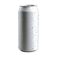 White can of beverage with water drops sits isolated on transparent background
