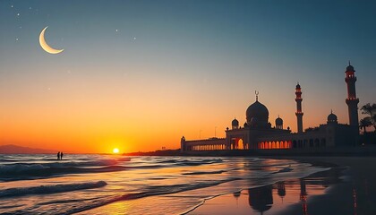 mosque at sunset, Mosque Silhouette Against a Vibrant Sunset Sky