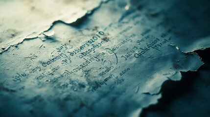 Naklejka premium Close-up of aged, tattered paper with illegible cursive text and torn edges.