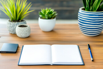 A clean workspace featuring an open notebook, a pen, a smartphone, and decorative potted plants, creating a serene and organized atmosphere.
