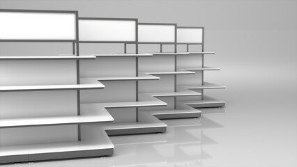 Retail gondola mockup with top lightbox. 3d illustration on gray background © Wire_man