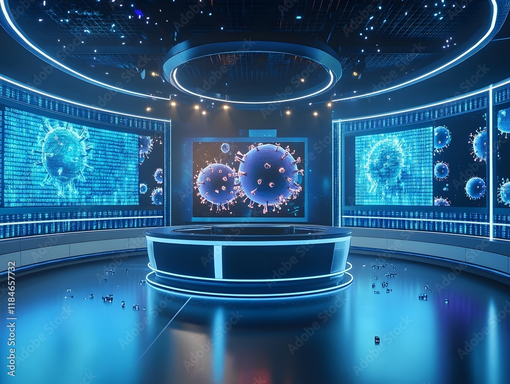 Aufkleber Futuristic Digital Studio with Monitors Displaying Virus Structures and Binary Code in a Scientific and Technological Setting for Health and Research