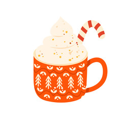 Cute Christmas mug with hot cocoa, chocolate or coffee and decorated with whipped cream and candy cane. Vector illustration isolated on white background. Hand drawn flat cartoon style