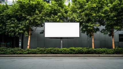 Fototapeta premium A blank street billboard stands prominently against a gray concrete wall, bordered by lush trees in a tidy urban environment, ideal for advertising
