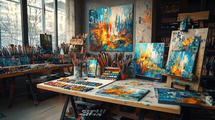 Creative artist workspace with paintbrushes, sketches, and colorful artwork, vibrant and expressive 