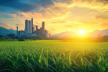 Sunset over industrial plant, farmland