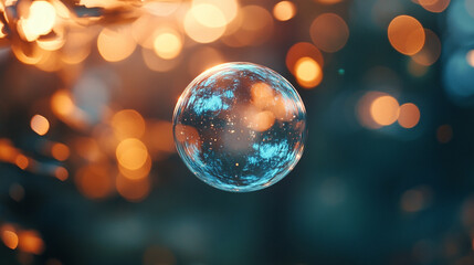 A lone floating bubble reflects the world around it, symbolizing fragility and beauty, with a blurred empty space on the side for caption