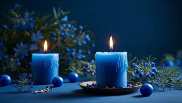 A festive Christmas still life featuring glowing candles and sparkling decorations