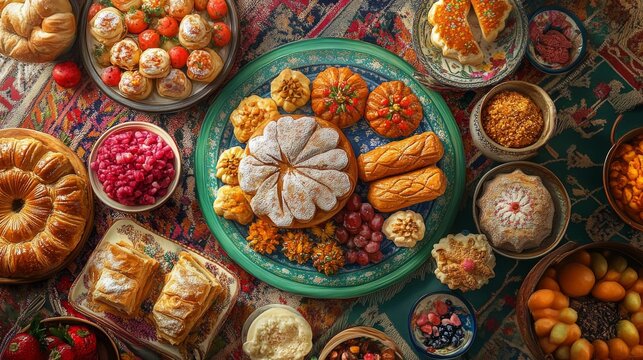 Novruz holiday celebration with Beautiful azeri women and novruz tray with traditional pastry shekerbura and pakhlava food. 